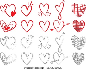 displays a collection of heart-shaped designs, arranged in a grid-like pattern. The hearts vary in style, ranging from solid red to outlined, and some include decorative elements like arrows