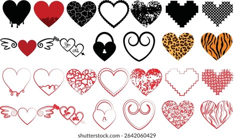 displays a collection of heart-shaped designs, arranged in a grid-like pattern. The hearts vary in style, ranging from solid red to outlined, and some include decorative elements like arrows