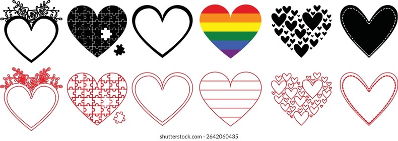 displays a collection of heart-shaped designs, arranged in a grid-like pattern. The hearts vary in style, ranging from solid red to outlined, and some include decorative elements like arrows