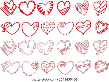 displays a collection of heart-shaped designs, arranged in a grid-like pattern. The hearts vary in style, ranging from solid red to outlined, and some include decorative elements like arrows