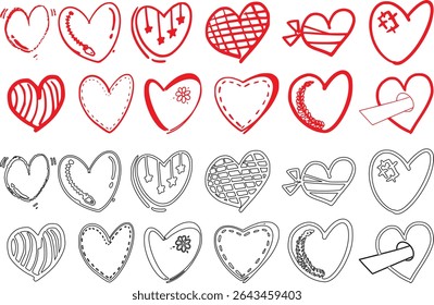 displays a collection of heart-shaped designs, arranged in a grid-like pattern. The hearts vary in style, ranging from solid red to outlined, and some include decorative elements like arrows