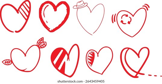 displays a collection of heart-shaped designs, arranged in a grid-like pattern. The hearts vary in style, ranging from solid red to outlined, and some include decorative elements like arrows