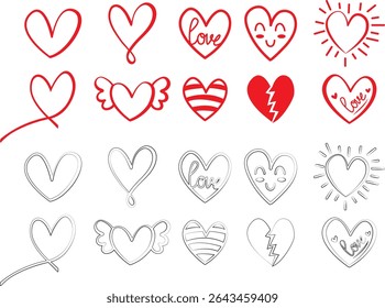 displays a collection of heart-shaped designs, arranged in a grid-like pattern. The hearts vary in style, ranging from solid red to outlined, and some include decorative elements like arrows