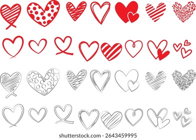 displays a collection of heart-shaped designs, arranged in a grid-like pattern. The hearts vary in style, ranging from solid red to outlined, and some include decorative elements like arrows