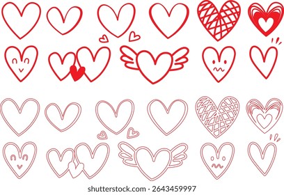 displays a collection of heart-shaped designs, arranged in a grid-like pattern. The hearts vary in style, ranging from solid red to outlined, and some include decorative elements like arrows