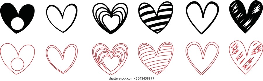 displays a collection of heart-shaped designs, arranged in a grid-like pattern. The hearts vary in style, ranging from solid red to outlined, and some include decorative elements like arrows