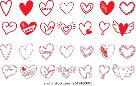 displays a collection of heart-shaped designs, arranged in a grid-like pattern. The hearts vary in style, ranging from solid red to outlined, and some include decorative elements like arrows