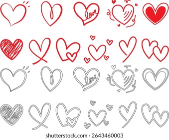 displays a collection of heart-shaped designs, arranged in a grid-like pattern. The hearts vary in style, ranging from solid red to outlined, and some include decorative elements like arrows