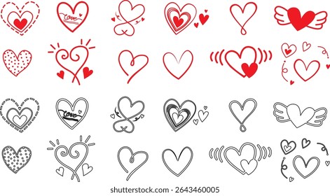 displays a collection of heart-shaped designs, arranged in a grid-like pattern. The hearts vary in style, ranging from solid red to outlined, and some include decorative elements like arrows