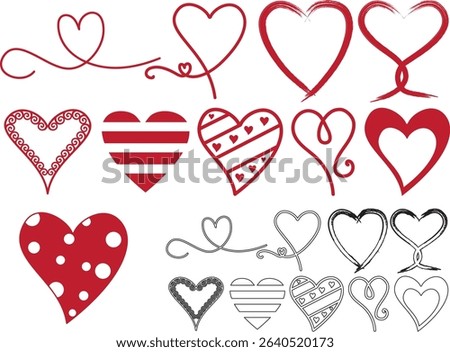 displays a collection of heart-shaped designs, arranged in a grid-like pattern. The hearts vary in style, ranging from solid red to outlined, and some include decorative elements like arrows