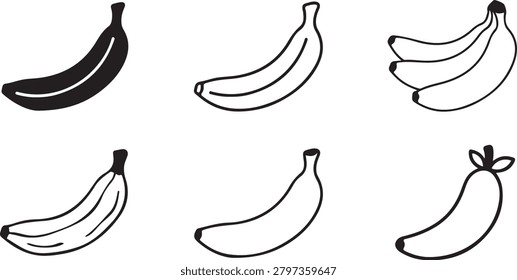 The displays a collection of six different banana icons and vector illustrations arranged in a two-row grid on a plain white background. The set features various minimalist graphic styles including solid black silhouettes, simple clean line art outlines, hand-drawn doodle variations with internal detail lines, a bunch of three bananas, and an abstracted cartoon-style banana with leaves at the top stem. This versatile collection of black and white graphics is ideal for logos, user interface icons, coloring books, stickers, patterns, and educational layouts.