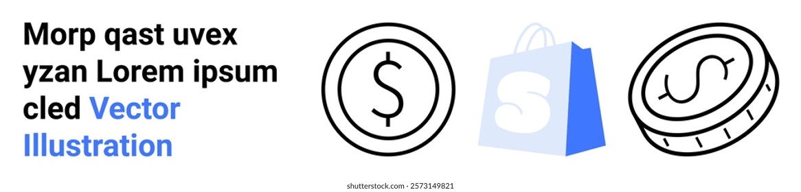 Displays currency symbols like a dollar sign, a blue shopping bag, and a coin. Ideal for e-commerce, financial transactions, online shopping, digital marketing, and business solutions. Landing page