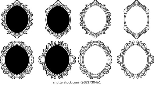 displays eight oval frames with different ornamental designs. Four of the frames have a black center section, while the other four sections are white.