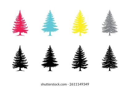 Displays eight pine tree silhouettes, presented in red, cyan, yellow, grey, and black, set against a clean, minimal white backdrop, perfect for diverse design projects.