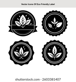 Displays four silhouette leaf badges. Each circle has a different edge and contains leaves of varying styles. Designs provide a clean, botanical theme with minimal details.
