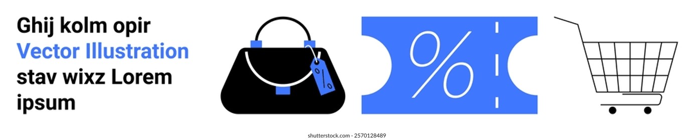 Displays a handbag, a discount coupon, and a shopping cart, symbolizing online shopping and promotions. Ideal for e-commerce, retail marketing, sales events, discount offers, and shopping apps