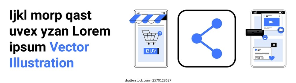 Displays a mobile shopping cart, a share icon, and a multimedia interface on smartphones. Ideal for e-commerce, social media, connectivity, online shopping, and digital marketing. Banner for landing