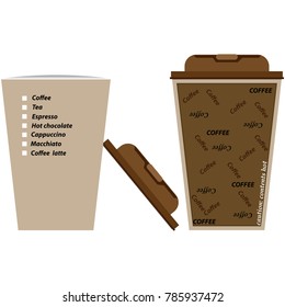 Displays objects in the form of a disposable glass for hot drinks with a warning and an inscription of coffee with a plastic lid.