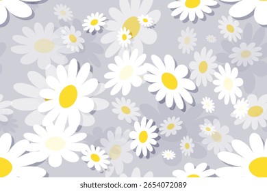 Displays a pattern of white daisies on a Purple background.