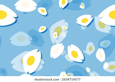 Muestra un patrón de margaritas blancas sobre un fondo azul claro.