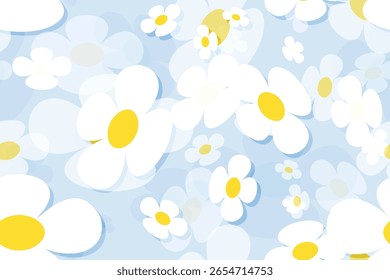 Displays a pattern of white daisies on a light blue background.