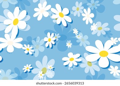 Displays a pattern of white daisies on a light blue background.