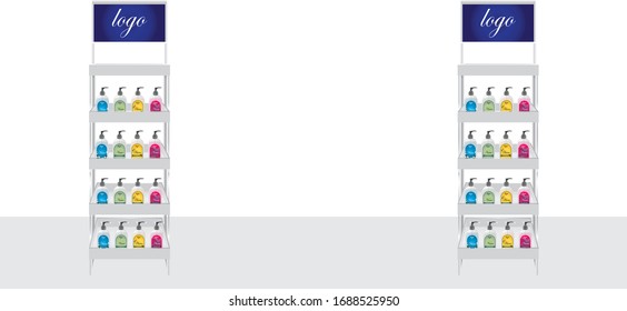 Displays stand with hand wash on the Shelves. Display on Isolated background. Mock-up template ready for design. Product Packing Vector