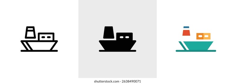 Displays three cargo ships in line, each with a unique design style linear, black silhouette and colorful with orange, green, and blue.