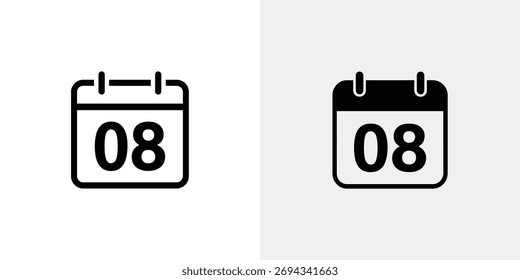 Muestra dos iconos de calendario simples que muestran '08', establecidos sobre un fondo que pasa de blanco a gris claro, todos presentados con un diseño limpio y minimalista.
