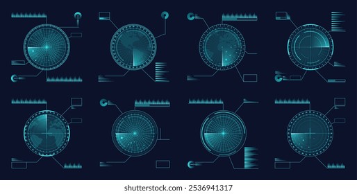 Exibições com mapa do mundo e alvos ou inimigo. Radares militares isolados por vetores ou interfaces com informações sobre a força aérea ou o objetivo naval. Tecnologias de defesa e guerra para busca e proteção