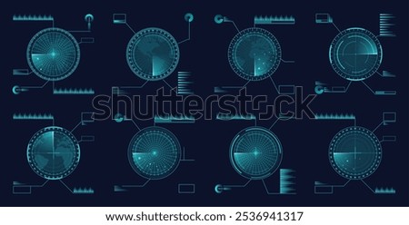Displays with world map and targets or enemy. Vector isolated military radars or interfaces with information about air force or naval aim. Defense and war technologies for search and protection