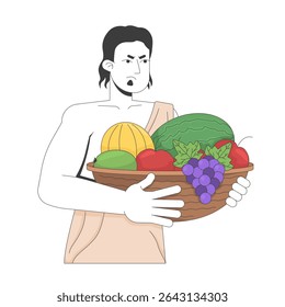 Displeased ancient man in toga holding fruit basket 2D cartoon bible character. Old testament. Biblical farmer offering food abundance flat vector person isolated on white. Spot illustration colorful