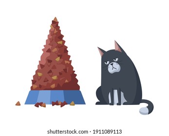 Displeased black cat refuses full bowl of cat food. Healthy and proper food for cats. Isolated on white background. Stock vector illustration