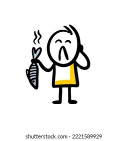 Displeased cartoon character holding bad smelling fish. Face grimace and closed eyes vector male illustration.