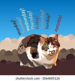 Displeased cat. Cheerless cat. Vector pet. The cat is counting the days of the week.