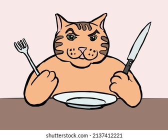 A displeased cat is sitting at the table in front of an empty plate with a knife and fork in his hands.
