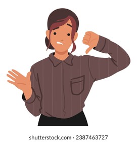 Displeased Female Character. Woman Face Contorted In Disapproval As She Forcefully Extended Her Thumb Downward, Conveying Strong Dislike Or Disapproval Of Something. Cartoon People Vector Illustration