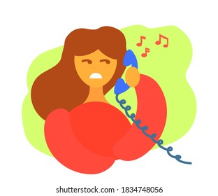 Displeased girl and a telephone receiver. Cartoon. Vector illustration.