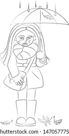 
displeased girl under an umbrella. circuit. vector and illustration.