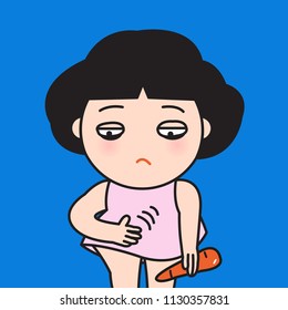 Displeased Hunger Young Woman Touching On Her Belly While Holding Carrot.  Concept Of Feeling Tired Of Diet Restrictions Concept Card Character illustration