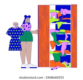 Displeased latina woman at wardrobe line cartoon flat illustration. Hispanic female near full closet 2D lineart character isolated on white background. Overconsumption scene vector color image