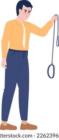 Displeased male pet owner holding empty leash semi flat color vector character. Editable figure. Full body person on white. Simple cartoon style illustration for web graphic design and animation