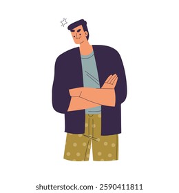 Displeased Man Character Stand with Folded Arm as Gesture of Rejection Vector Illustration