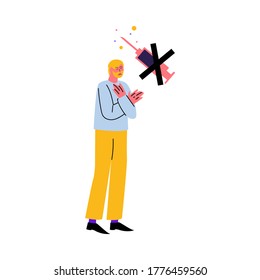 Displeased man standing and refusing to get vaccination from disease