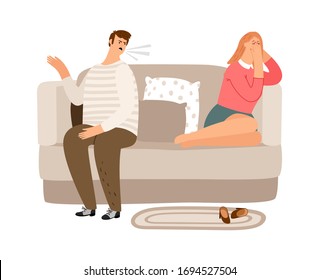 Displeased man. Tired woman on the couch. Family quarrel, verbal and psychological abuse vector illustration