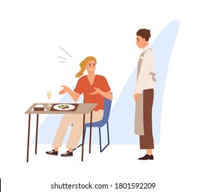 Displeased restaurant or cafe visitor shout, scream at waiter boy in apron. Woman sitting at served dinner table with dish. Conflict or scene of dissatisfied client. Flat vector cartoon illustration