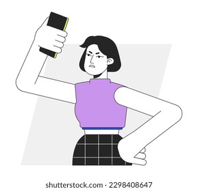 Displeased woman with not working phone flat line vector spot illustration. 2D cartoon outline character on white for web UI design. Problem with internet editable isolated colorful hero image