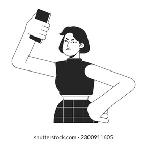 Displeased woman with not working phone bw vector spot illustration. 2D cartoon flat line monochromatic character on white for web UI design. Problem with internet editable isolated outline hero image