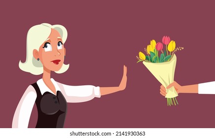 
Displeased Woman Refusing Floral Bouquet Vector Cartoon Illustration. Upset unforgiving wife not accepting the apology gesture of her guilty partner
