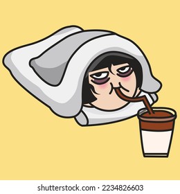 Displeased Young Girl With Fatigued Face Under Blanket Lying On Floor And Drinking A Cold Brew Coffee Concept Card Character illustration